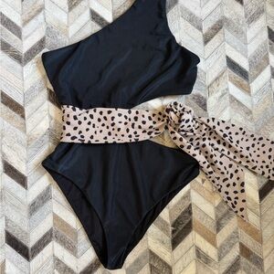 Beach Riot Black One-Shoulder One Piece with Polka Dot Belt